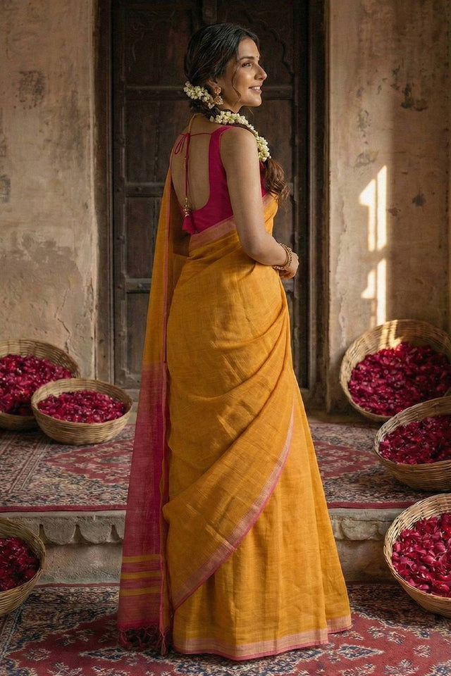 Mustard Woven Cotton Saree (ACA5349)