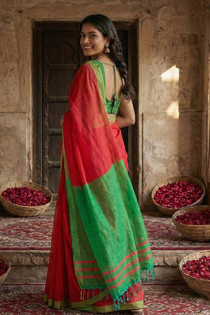 Red Woven Cotton Saree (ACA5350)