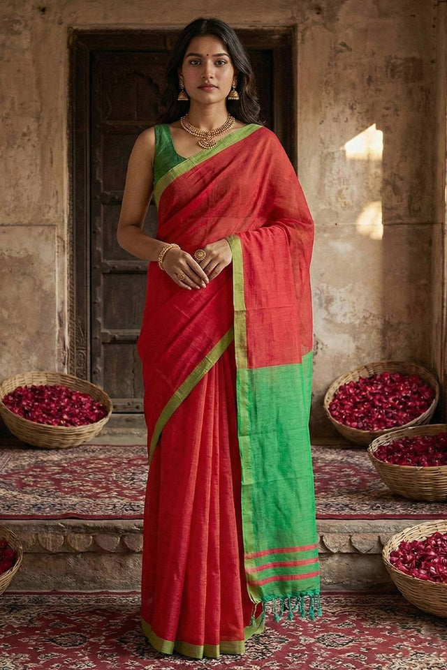 Red Woven Cotton Saree (ACA5350)