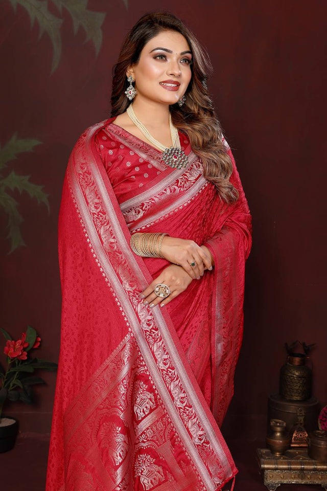 Red Woven Satin Saree