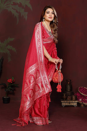 Red Woven Satin Saree