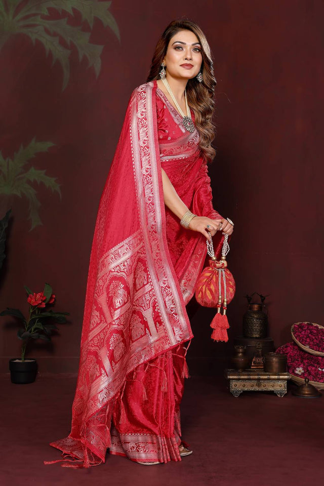 Red Woven Satin Saree