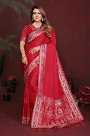 Red Woven Satin Saree
