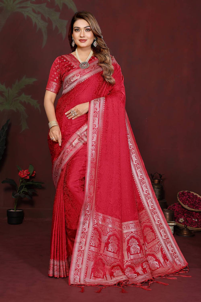 Red Woven Satin Saree