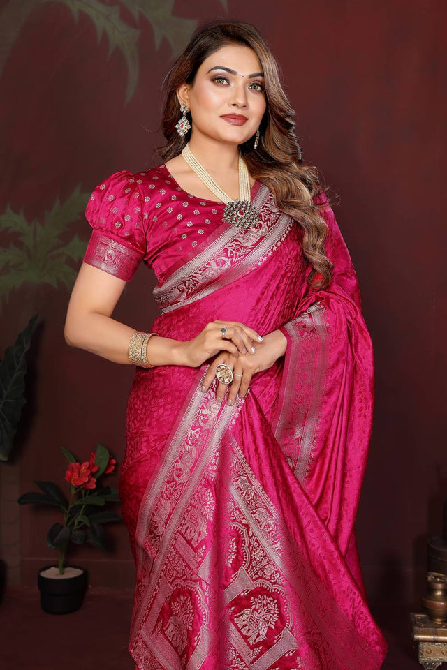 Pink Woven Satin Saree