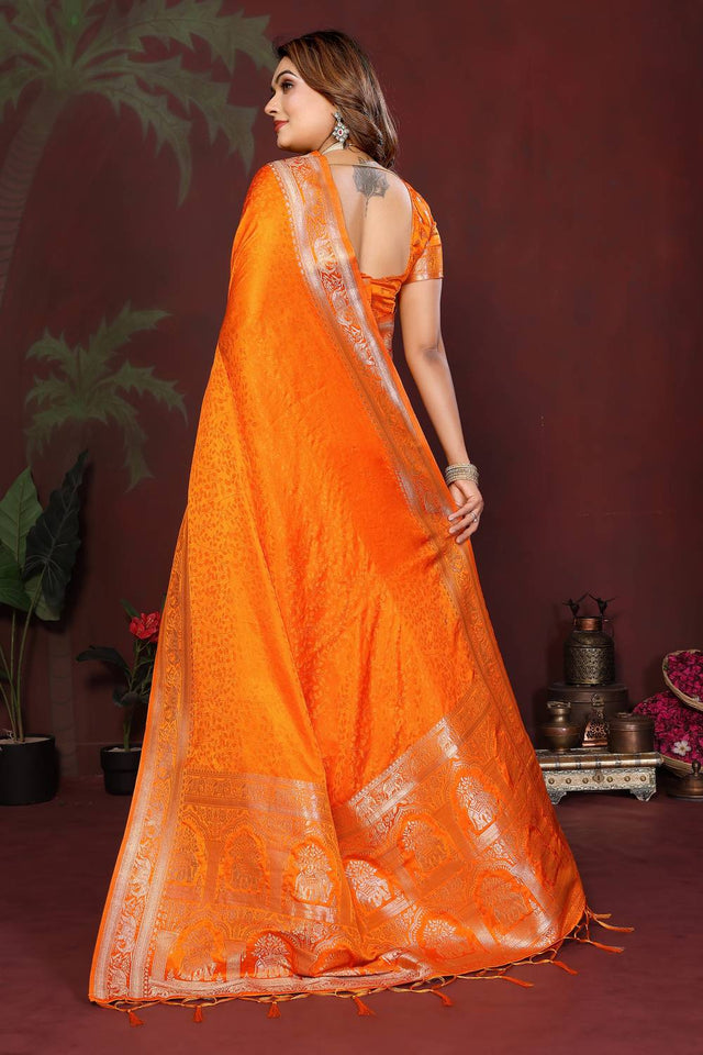 Orange Woven Satin Saree