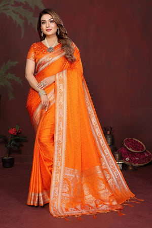 Orange Woven Satin Saree