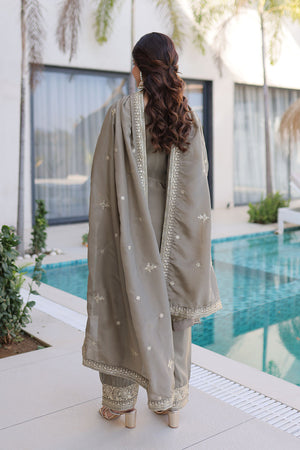 Grey Sequin with Floral Embroidered Silk Straight Cut Suits (ACA5358)