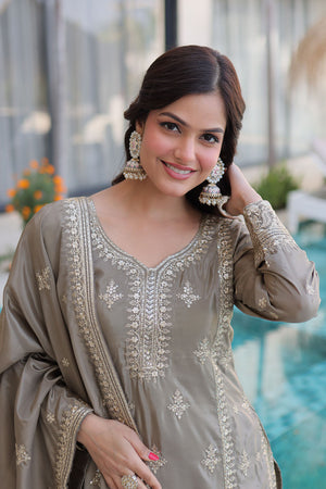 Grey Sequin with Floral Embroidered Silk Straight Cut Suits (ACA5358)