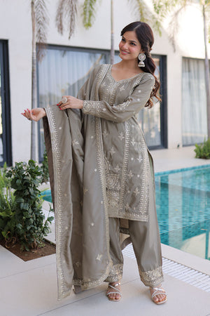 Grey Sequin with Floral Embroidered Silk Straight Cut Suits (ACA5358)