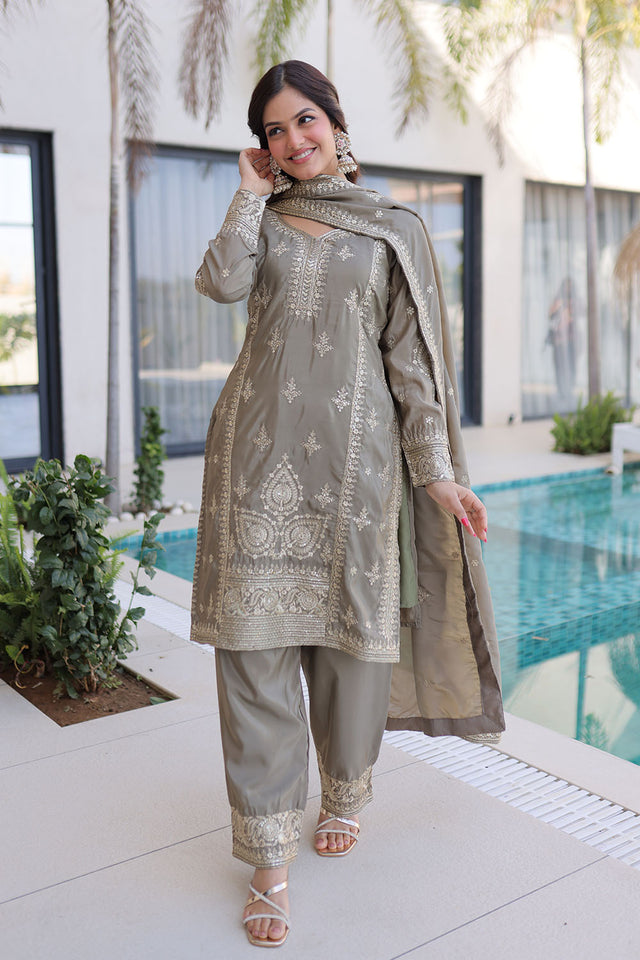 Grey Sequin with Floral Embroidered Silk Straight Cut Suits (ACA5358)