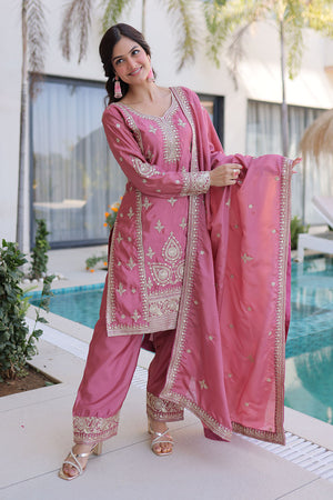 Pink Sequin with Floral Embroidered Silk Straight Cut Suits (ACA5359)