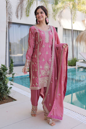 Pink Sequin with Floral Embroidered Silk Straight Cut Suits (ACA5359)
