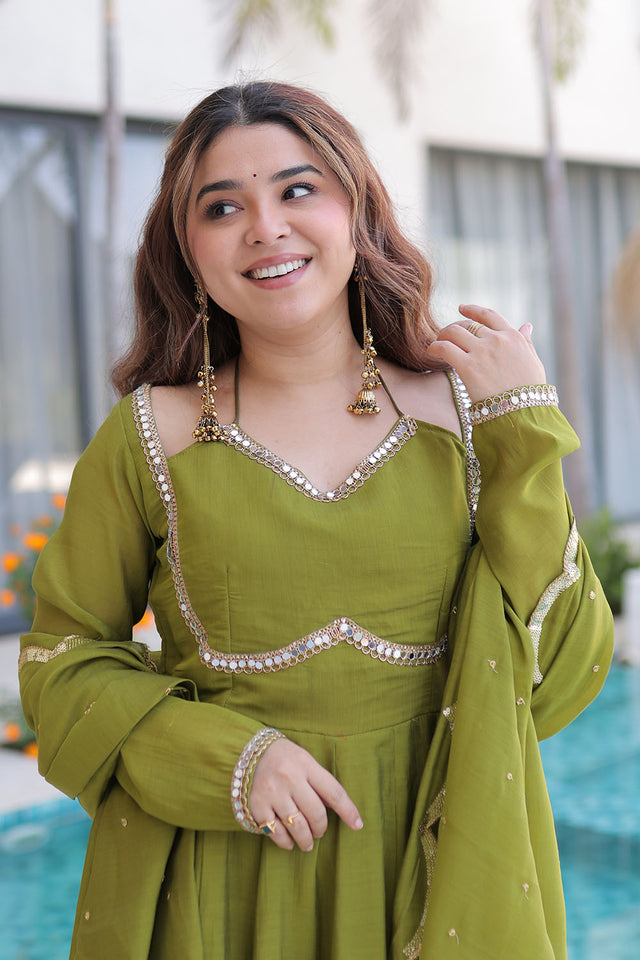 Green Mirror Sequin Chanderi Anarkali Suits (ACA5360)
