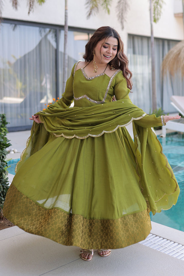Green Mirror Sequin Chanderi Anarkali Suits (ACA5360)