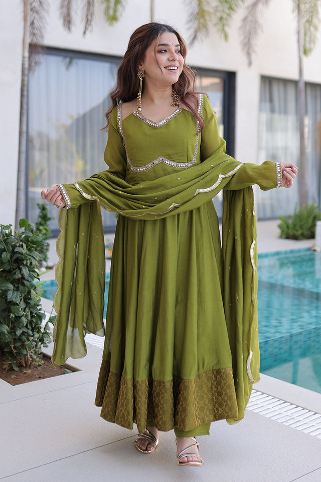 Green Mirror Sequin Chanderi Anarkali Suits (ACA5360)