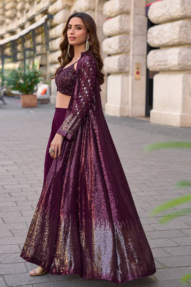 Free Size Stitched Wine Sequin Georgette Co-Ord Set (ACA5379)