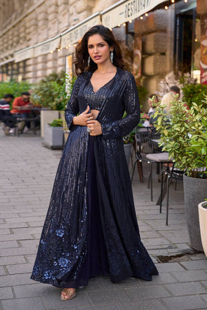 Free Size Stitched Blue Sequin Georgette Co-Ord Set (ACA5380)