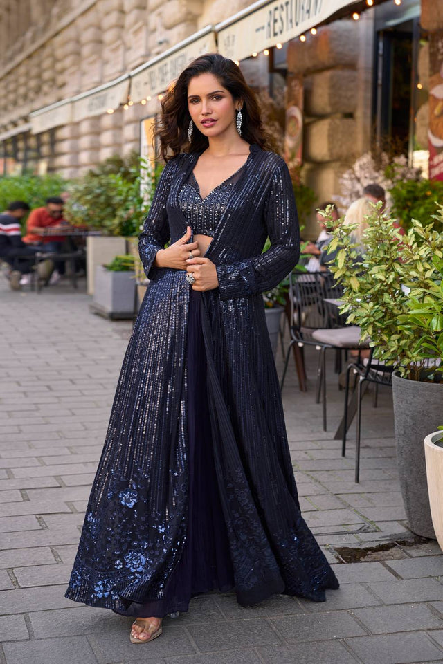 Free Size Stitched Blue Sequin Georgette Co-Ord Set (ACA5380)