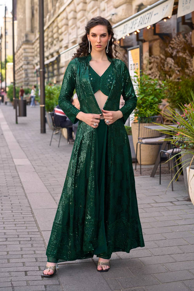 Free Size Stitched Green Sequin Georgette Co-Ord Set (ACA5381)