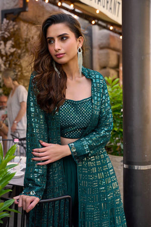 Free Size Stitched Turquoise Sequin Georgette Co-Ord Set (ACA5382)