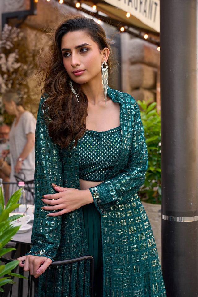Free Size Stitched Turquoise Sequin Georgette Co-Ord Set (ACA5382)