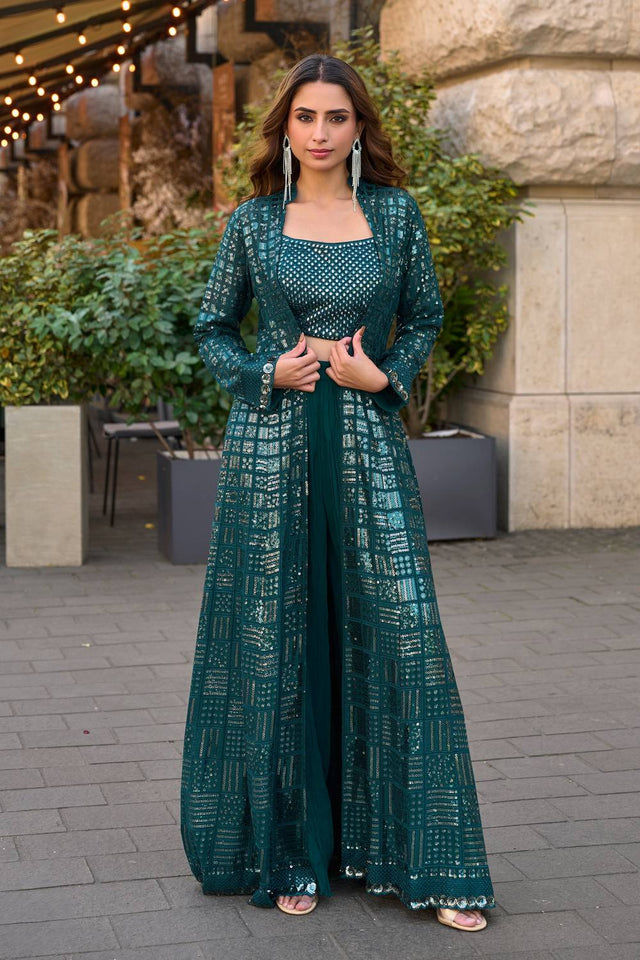 Free Size Stitched Turquoise Sequin Georgette Co-Ord Set (ACA5382)
