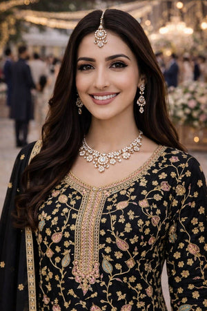 Free Size Stitched Black Floral Embroidered Chinon Palazzo Suits (ACA5383)