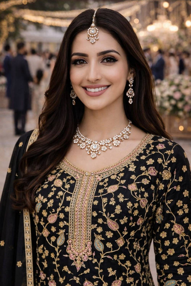 Free Size Stitched Black Floral Embroidered Chinon Palazzo Suits (ACA5383)