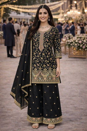 Free Size Stitched Black Floral Embroidered Chinon Palazzo Suits (ACA5383)