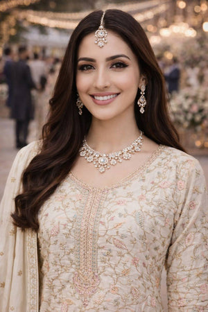 Cream Floral Embroidered Chinon Palazzo Suits (ACA5384)