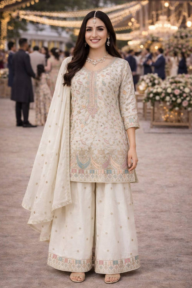 Cream Floral Embroidered Chinon Palazzo Suits (ACA5384)