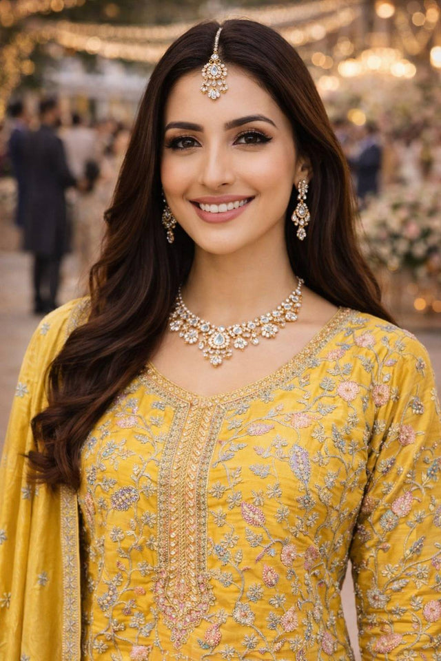 Free Size Stitched Yellow Floral Embroidered Chinon Palazzo Suits (ACA5385)