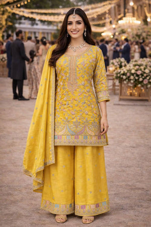 Free Size Stitched Yellow Floral Embroidered Chinon Palazzo Suits (ACA5385)
