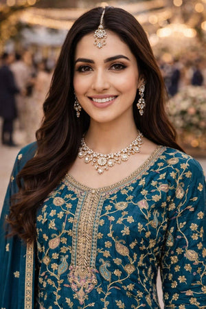 Free Size Stitched Turquoise Floral Embroidered Chinon Palazzo Suits (ACA5386)