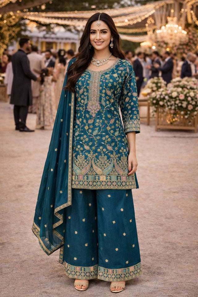 Free Size Stitched Turquoise Floral Embroidered Chinon Palazzo Suits (ACA5386)