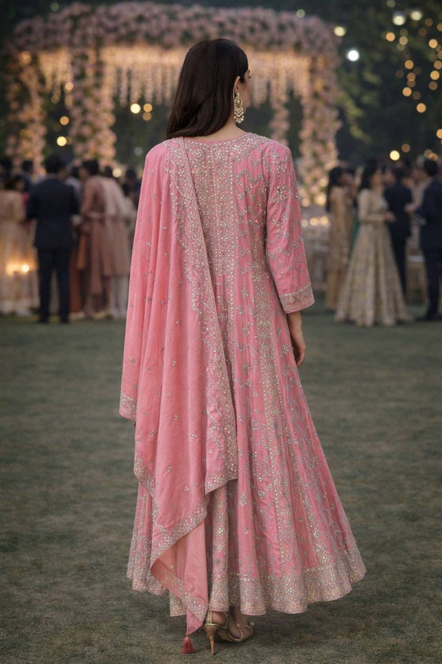 Pink Sequin with Embroidered Chinon Gown (ACA5387)