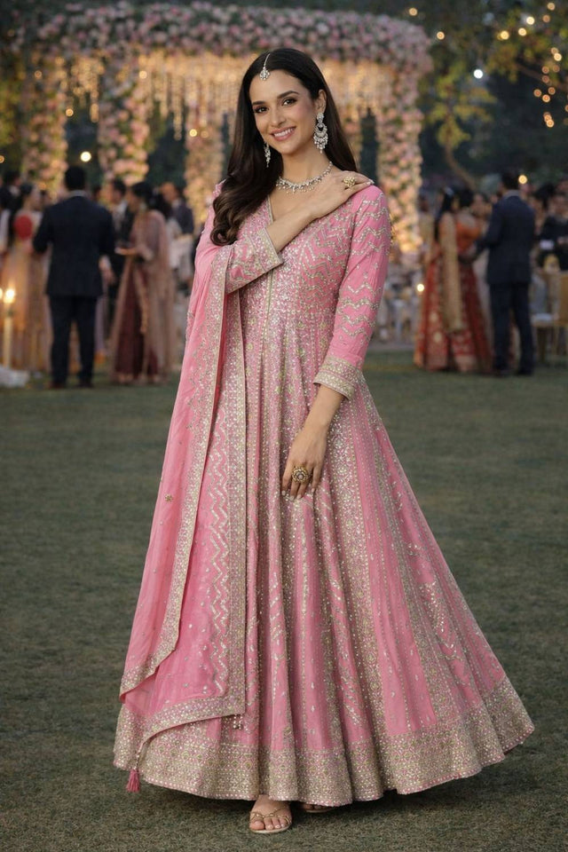 Pink Sequin with Embroidered Chinon Gown (ACA5387)