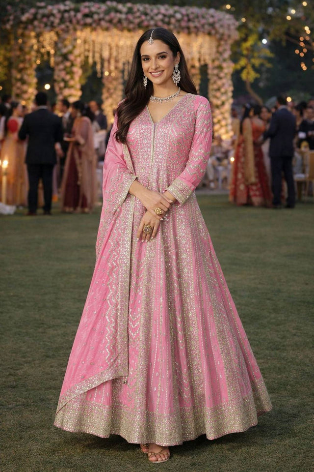 Pink Sequin with Embroidered Chinon Gown (ACA5387)