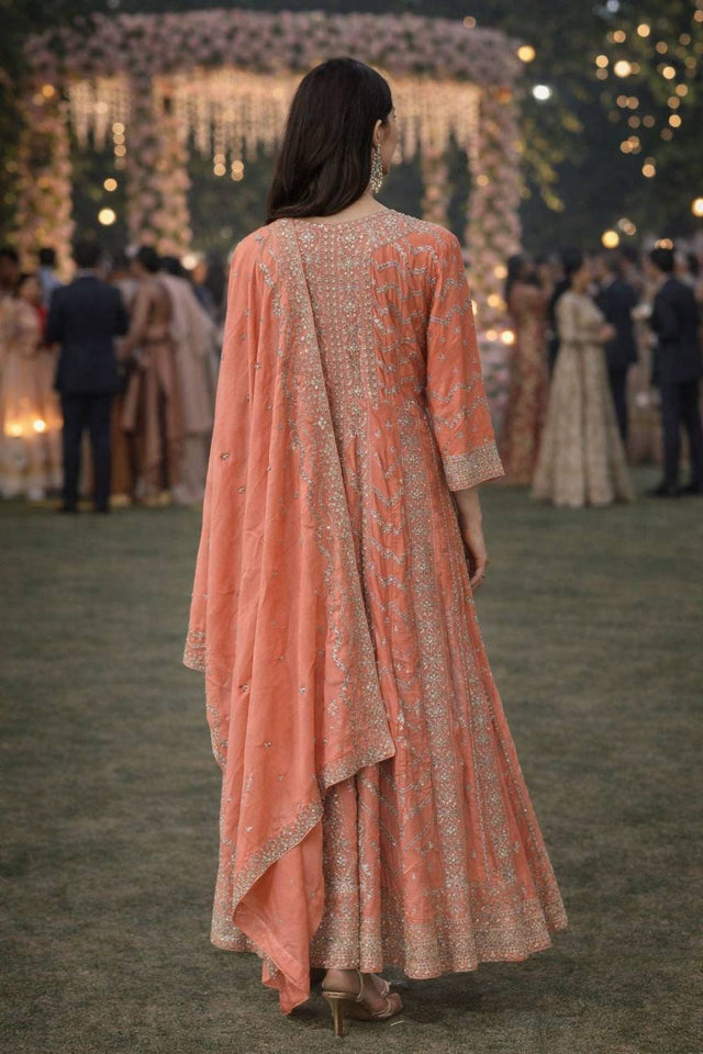Orange Sequin with Embroidered Chinon Gown (ACA5388)