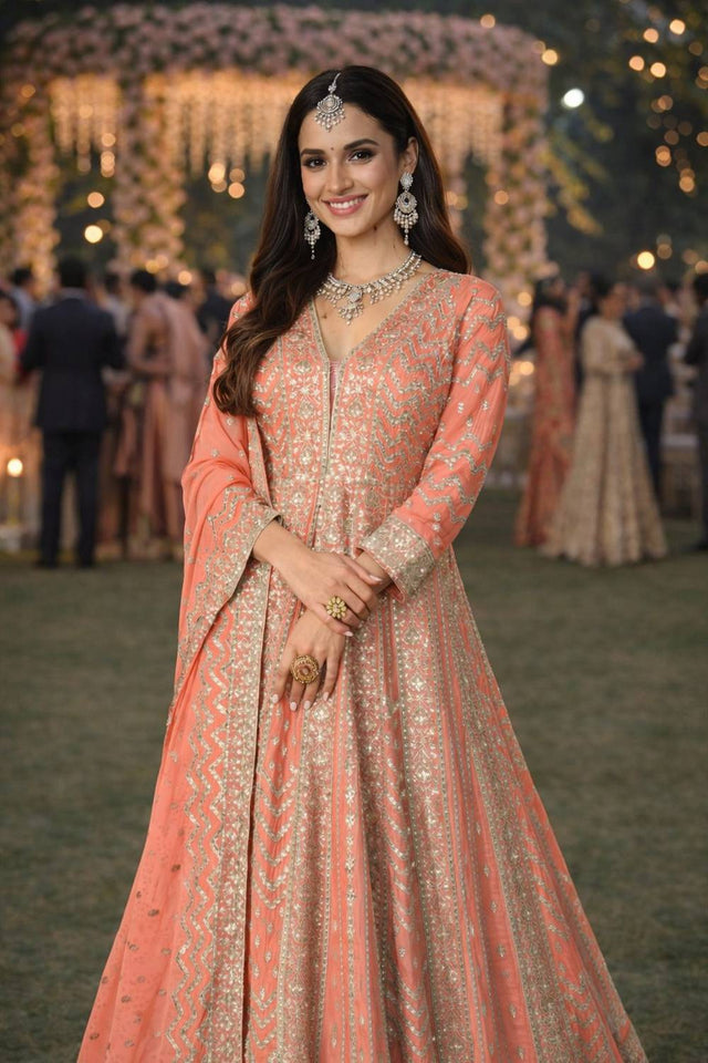 Orange Sequin with Embroidered Chinon Gown (ACA5388)
