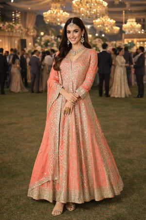 Orange Sequin with Embroidered Chinon Gown (ACA5388)