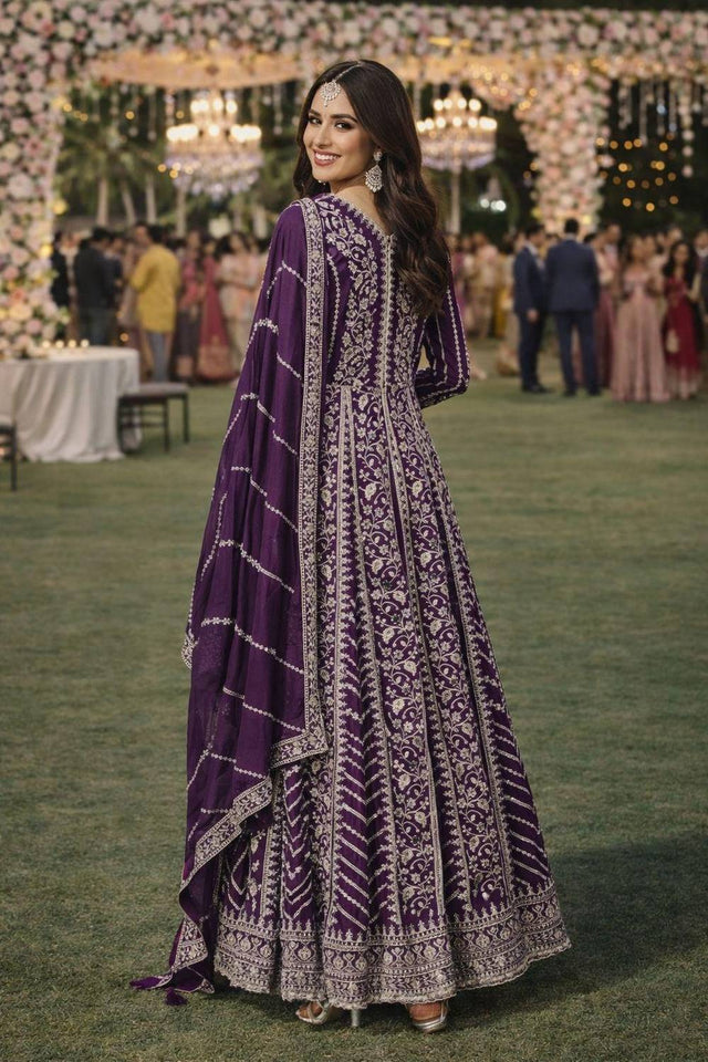 Violet Sequin with Embroidered Chinon Gown (ACA5389)