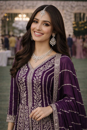 Violet Sequin with Embroidered Chinon Gown (ACA5389)