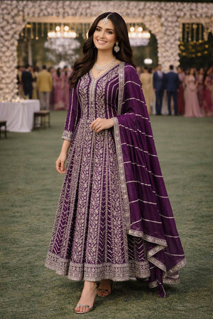 Violet Sequin with Embroidered Chinon Gown (ACA5389)
