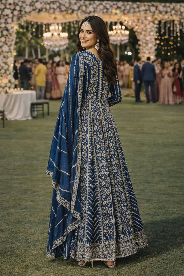 Blue Sequin with Embroidered Chinon Gown (ACA5390)