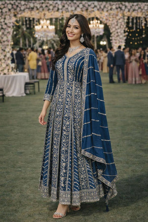 Blue Sequin with Embroidered Chinon Gown (ACA5390)