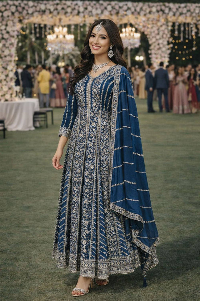 Blue Sequin with Embroidered Chinon Gown (ACA5390)