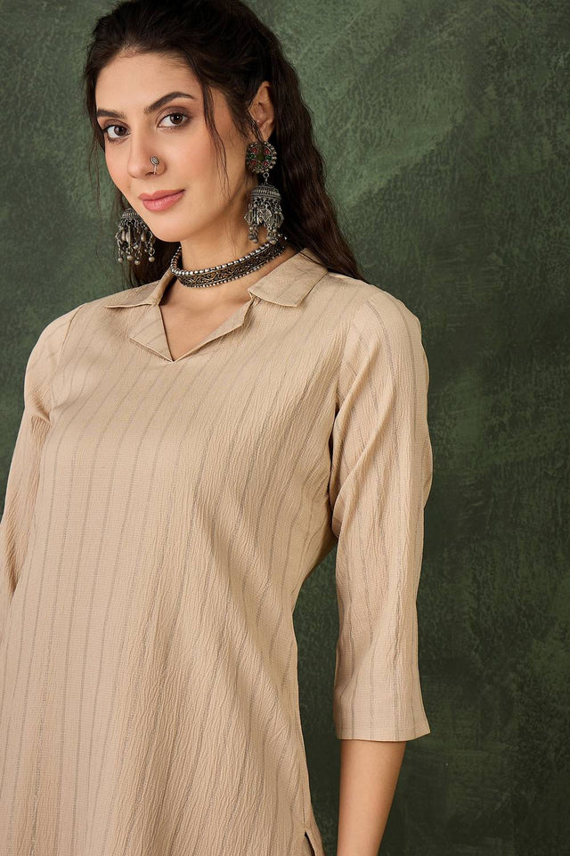 Cream Woven Cotton Blend Kurti Pant Set (ACA5456)