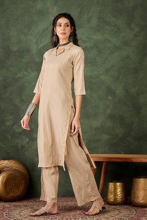 Cream Woven Cotton Blend Kurti Pant Set (ACA5456)